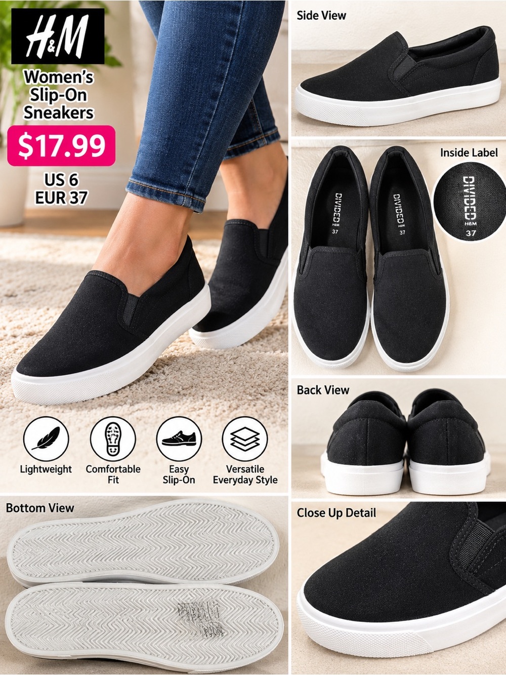 H&M Black Slip-On Canvas Sneakers with White Sole